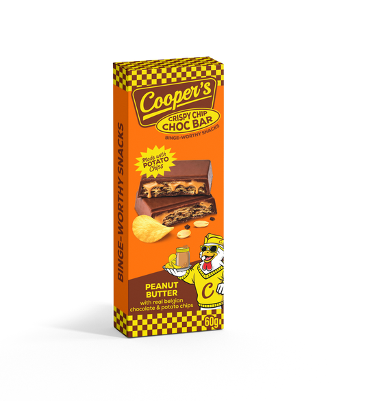 Cooper's choco bar with peanut butter and potato crisps